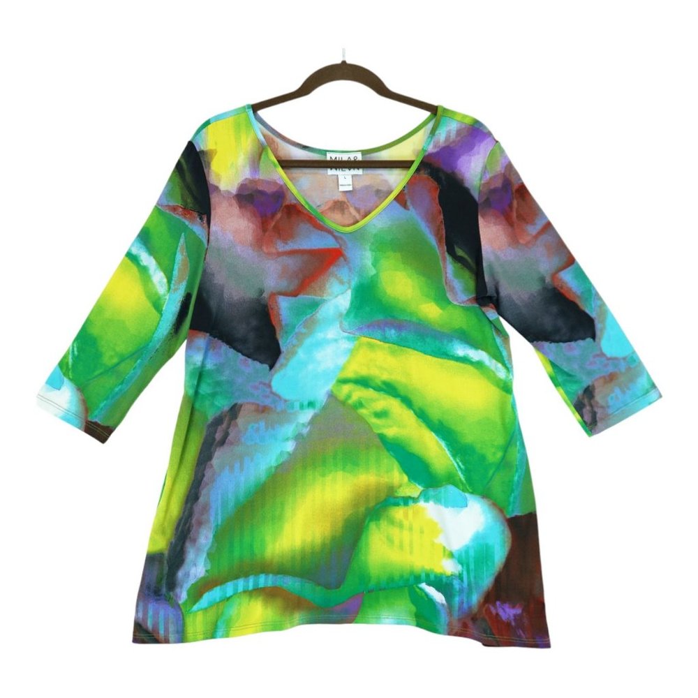 Milan & Milan Size Large Top Blouse Liquid Slinky Colorful‎ Abstract